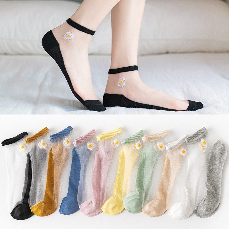 Socks women's spring Daisy crystal glass silk boat Socks women's ins trendy short socks Internet celebrity summer stockings women's deodorant