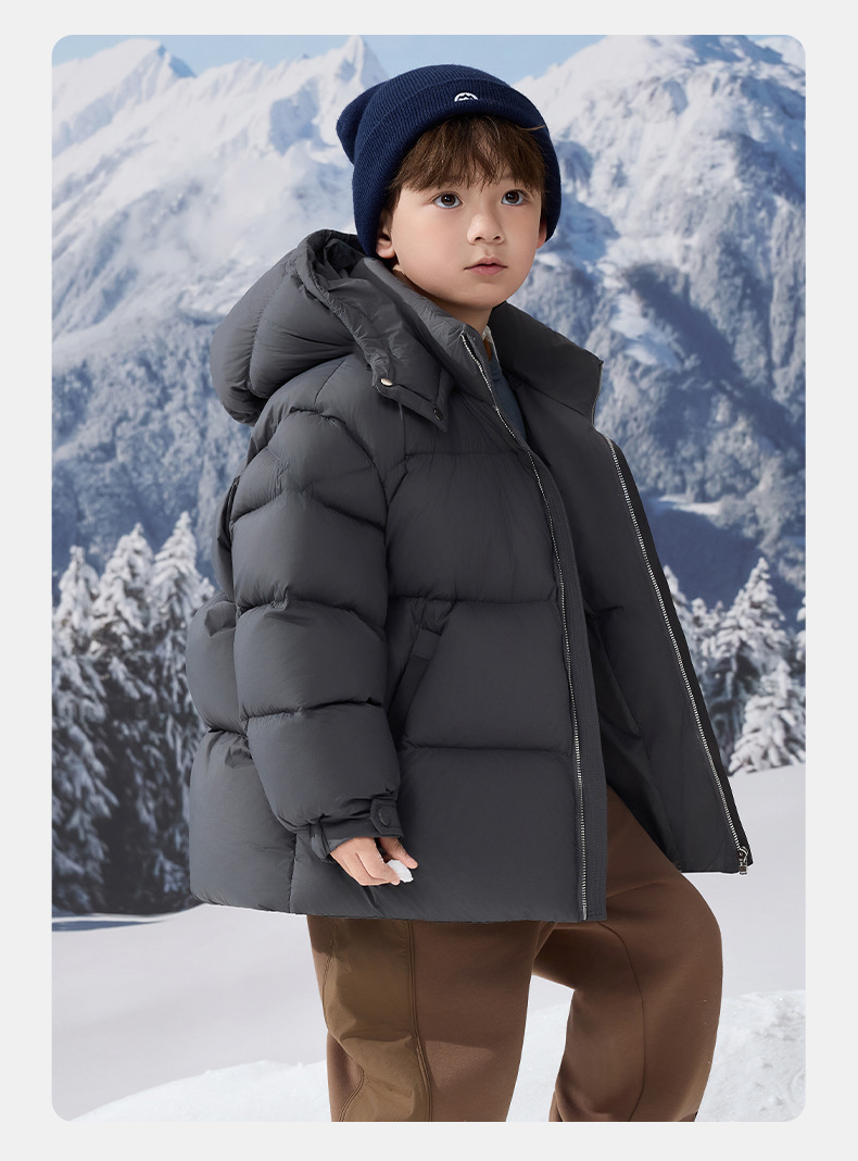 Kids Winter Puffer Jacket With 90% White Duck Down, Short Thickened Coat For Boys & Girls, Trendy Outerwear For Big Kids (120-170cm, Black/Smoke Grey)_voghion.com