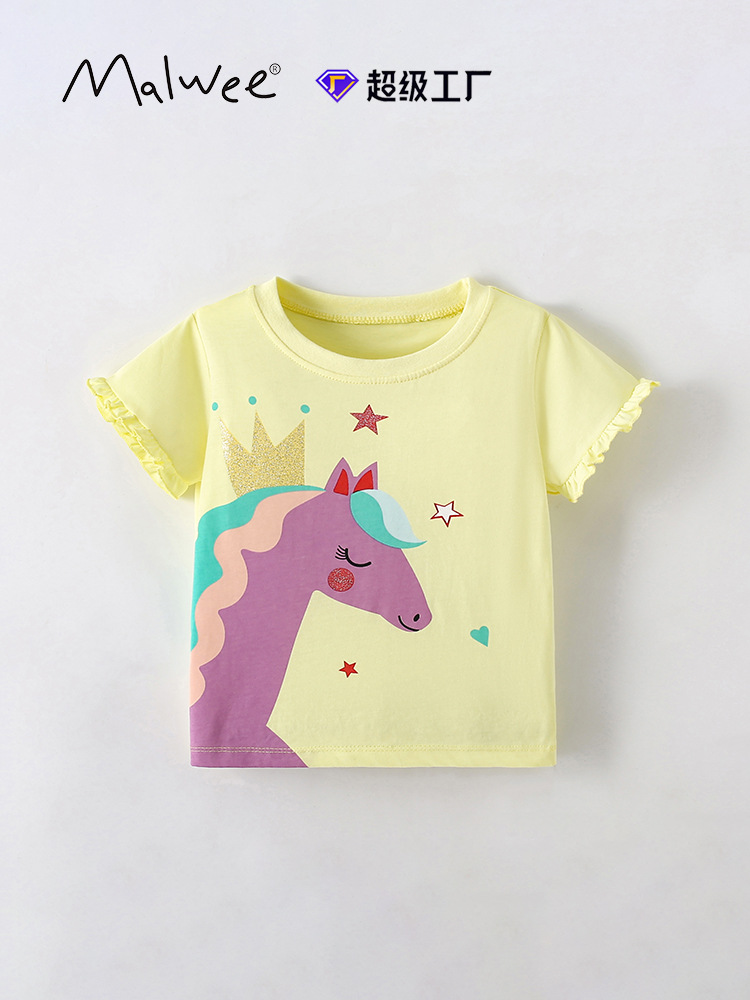 Malwee niñas camiseta de manga corta de verano nuevo estilo europeo y americano camiseta de cuello redondo para niños de estilo extranjero chaqueta casual para niños