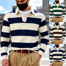 男士休闲长袖POLO衫跨境亚马逊秋冬新款男式条纹撞色翻领长袖POLO