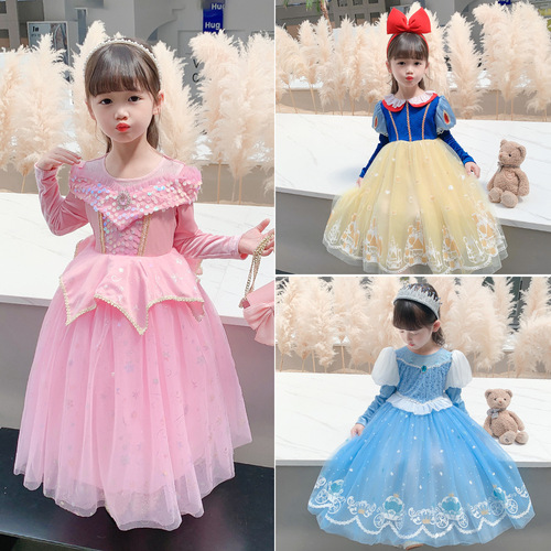 Girls Dress  Spring New Frozen Elsa Princess Dress Small and Medium Children Snow Dress