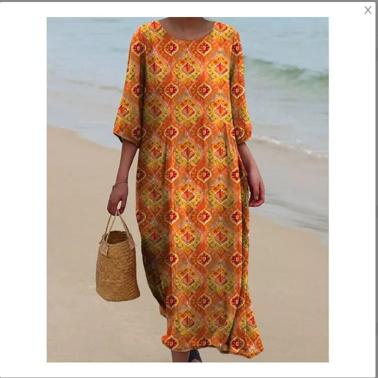 Cross-Border European and American Women's Dress, Loose and Comfortable for Vacation Wear, 3D Printed Women's Round Neck Long Dress, Plus Size Design