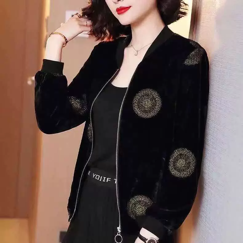 跨境速卖通春秋季外套女新款韩版宽松大码长袖金丝绒夹克上衣女