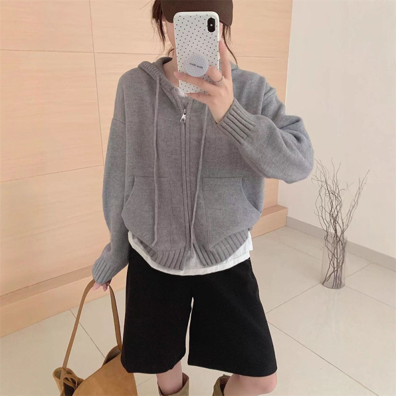 纯色连帽拉链毛衣外套女穿搭秋冬新款慵懒风感针织开衫上衣女|undefined