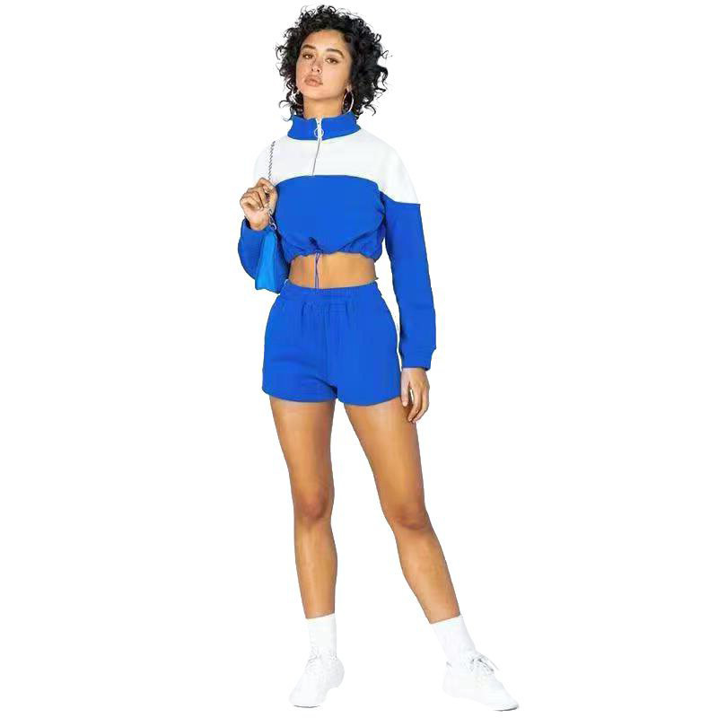 Pantaloncini casual da donna con coulisse a contrasto, felpa da donna, abito a due pezzi in quattro pezzi_voghion.com