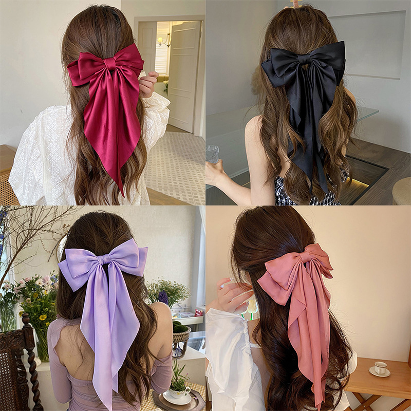 Cross-Border Korean Style Large Bow Spring Clip for Women, High-End Bow Long Ribbon Hairpin, Elegant Hair Accessory, Satin