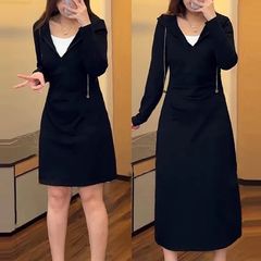 2025早春秋季休闲连帽卫衣裙子微胖mm大码收腰显瘦女装长袖连衣裙