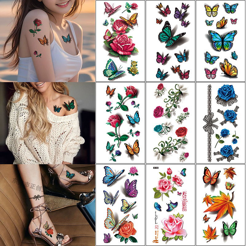 in stock wholesale fashion flower butterfly black and white color 3D waterproof tattoo stickers wholesale scar water transfer Tatt