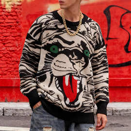 亚马逊跨境货源提花秋冬新款老虎头拼色套头衫男式嘻哈针织衫男装