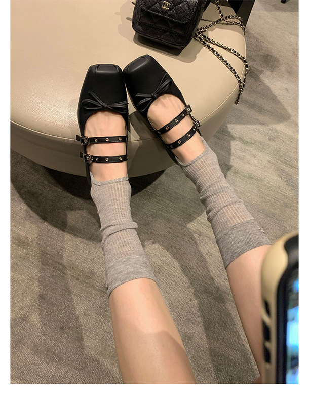 现货发~2025新款方头蝴蝶结双扣带低跟单鞋女玛丽珍鞋女芭蕾舞鞋|undefined