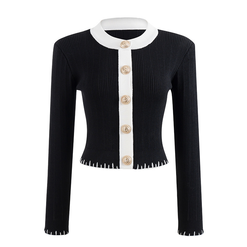 Bajia 26 Early Spring New Style Chanel-Inspired Elegant Round Neck Color-Blocked Hem Lace Trim Slim-Fit Knit Cardigan Jacket Top