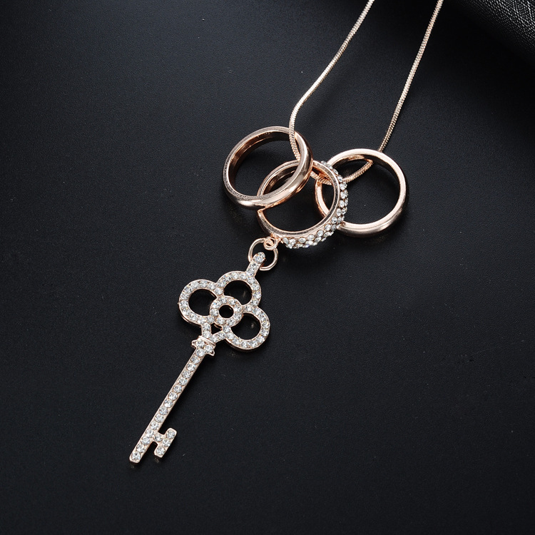 Korean Style Fashionable Long Ring Diamond Inlaid Key Sweater Chain Necklace Popular Cross-Border Al