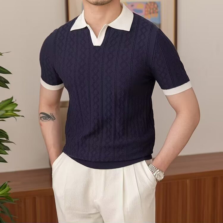 Polo camiseta de punto camiseta de manga corta hombre cuello en V cuello gaviota color de textura vieja camiseta de viento de verano fábrica transfronteriza al por mayor