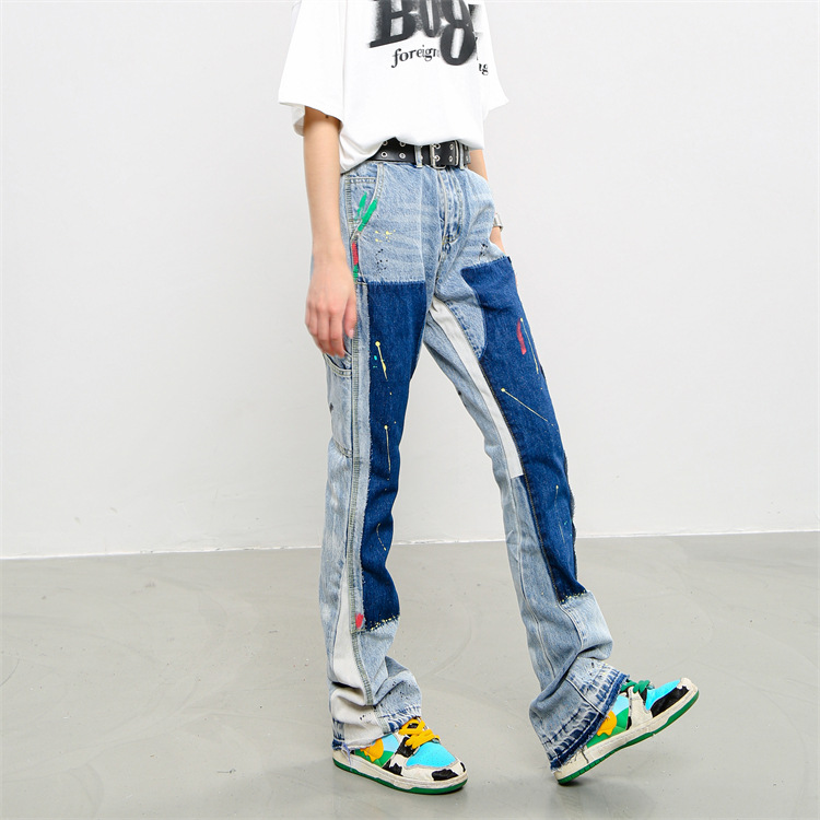 Herrenbekleidung High Street Washed Old Ink Splash Retro Functional Deconstructed Jeans Lose Gerade Freizeithose für Herren_voghion.com