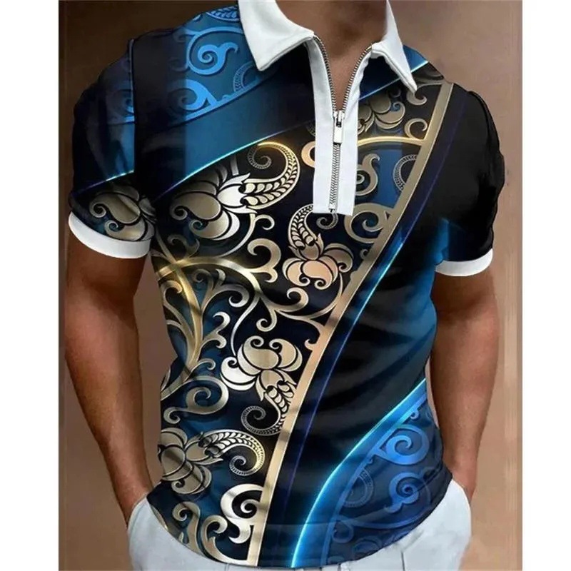 2024 venta caliente personalidad moda impresión 3D hombres verano calle suelta solapa manga corta cremallera camisa POLO