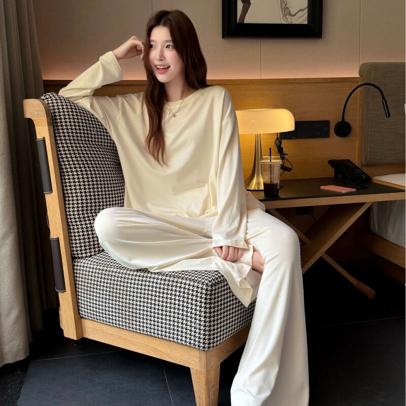 Super soft and comfortable women's pajamas for spring and autumn, loose fit, soft cotton modal, relaxed style, long-sleeved long pants, home wear set Super soft and comfortable women's pajamas for spring and autumn, loose fit, soft cotton modal, relaxed style, long-sleeved long pants, home wear set