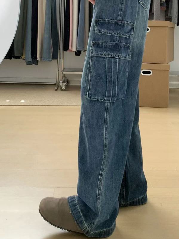 秋冬新款美式复古工装牛仔裤女高腰大码梨形身材慵懒多口袋阔腿裤|undefined