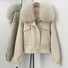 2025冬新款羊毛双面呢大衣短款可拆卸貉子毛领工装风双面呢外套女