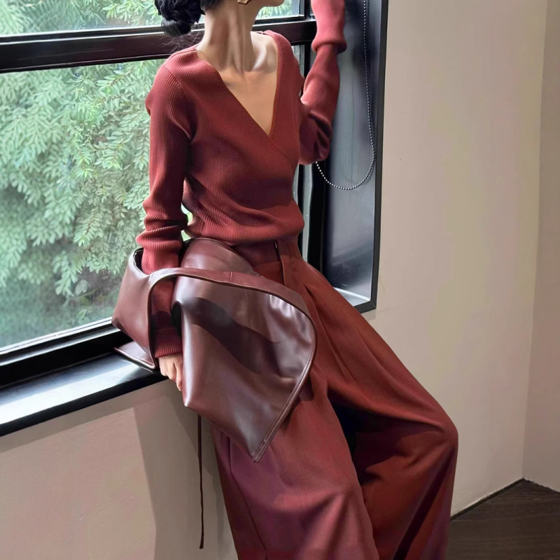 in stock Angora Wine Red V-Neck Sweater Wide-Leg Pants Two-Piece New Arrival Salt Style Light Mature High-grade suit for commuting in stock Angora Wine Red V-Neck Sweater Wide-Leg Pants Two-Piece New Arrival Salt Style Light Mature High-grade suit for commuting