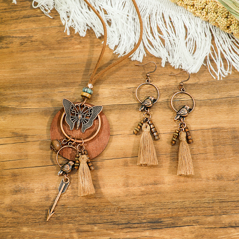Bohemia Dream Catcher borla pendientes collar de madera estilo étnico largo borla colgante accesorios suéter cadena