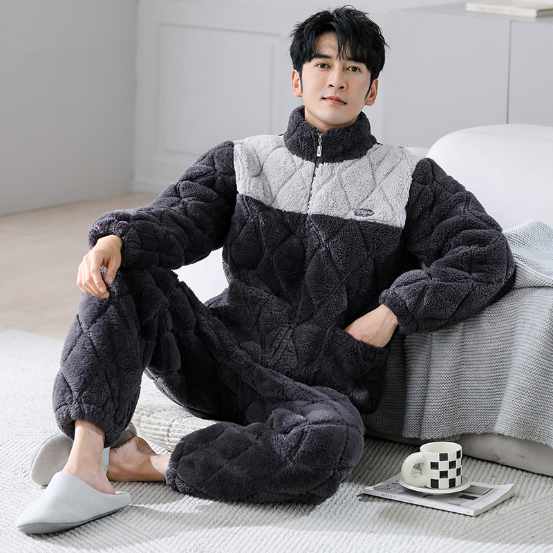 Winter Warm Quilted Pajamas Men's Cardigan Long-Sleeved Zipper Home Clothes Casual Loose Thickeneded Coral Velvet Suit