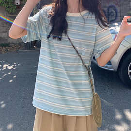 韩系撞色条纹短袖t恤女春夏2026新款宽松显瘦小个子减龄圆领上衣