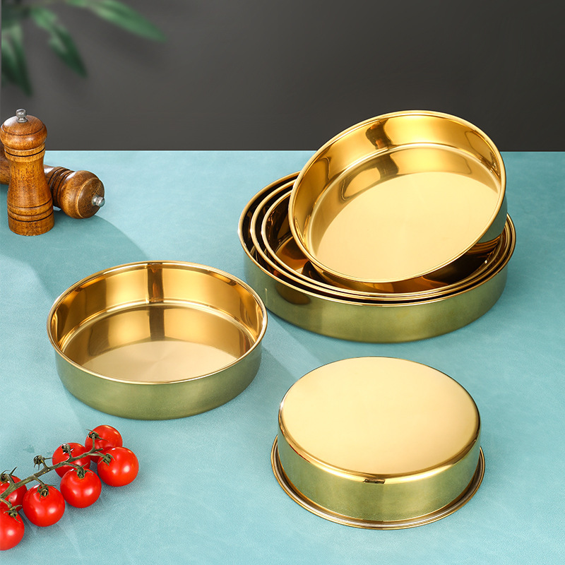 Stainless steel Gold large plate round flat gold-plated disc cake plate large deep plate Cup tray tableware commercial