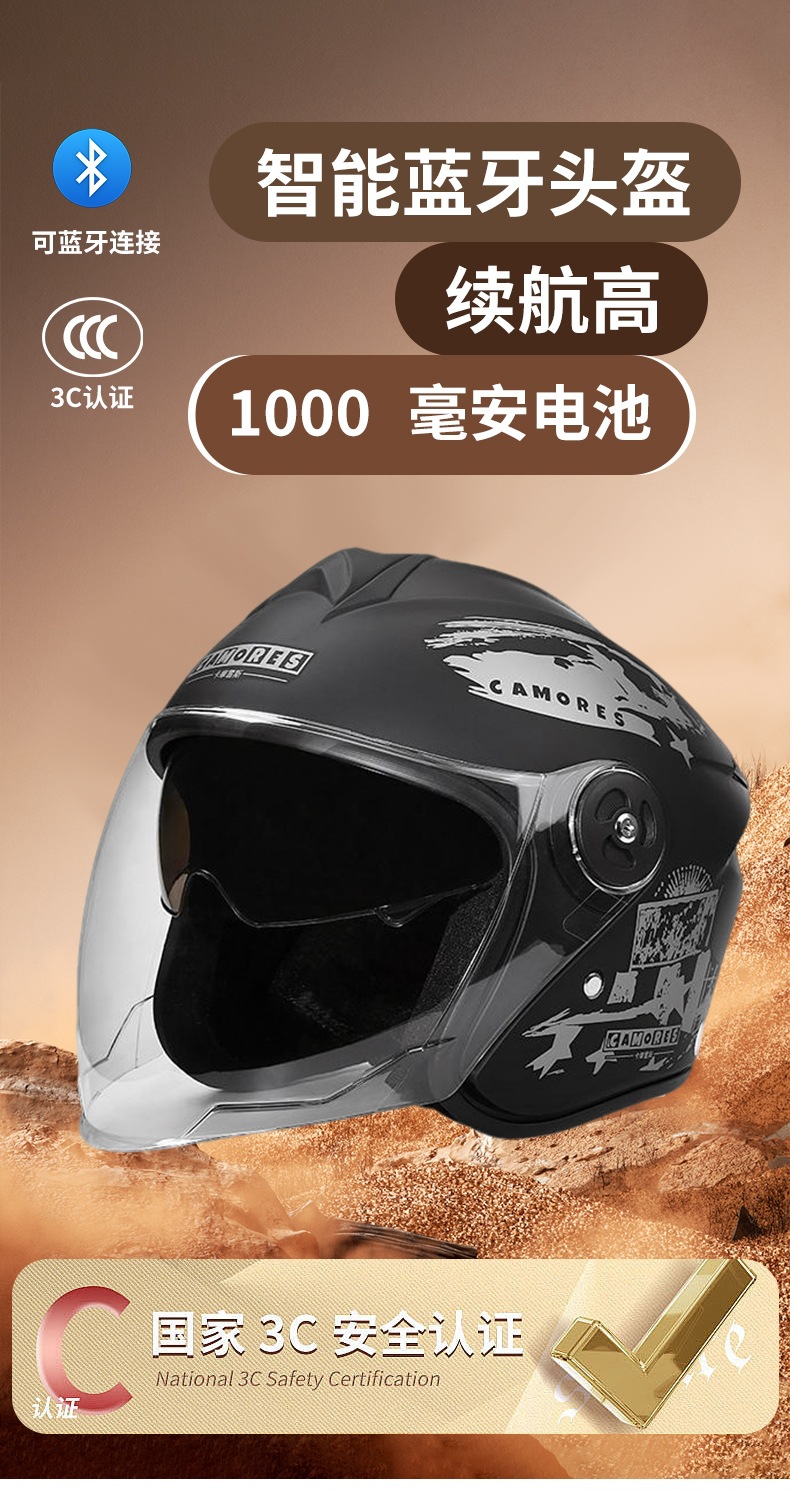 3C Certified Electric Vehicle Smart Bluetooth Helmet, Smart Half Helmet for Delivery, Autumn and Winter Warm Windproof Double Mirror Sun Protection, Class a