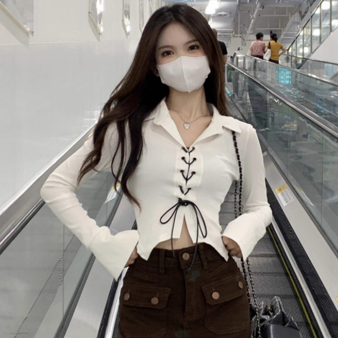 #   Gypsophila Has Been Shipped. Ribbed Polo Collar Long-Sleeved Women's Spring & Fall Sexy Strappy Slimming Look Top