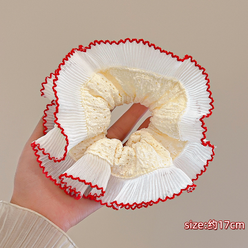 Encaje de flor coreana Encaje de intestino grueso Anillo de cabello femenino Cabeza de flor de viento pastoral Cuerda de cabeza de bola de gran tamaño Accesorios para el cabello de alta calidad