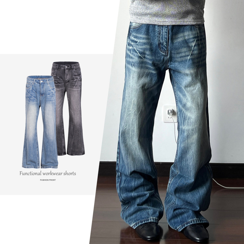 【Csmy】Jcaesar Lightning Burst Pattern Jeans Heavy Washed Straight-Leg Flared Pants Men's Trendy Brand 【Csmy】Jcaesar Lightning Burst Pattern Jeans Heavy Washed Straight-Leg Flared Pants Men's Trendy Brand