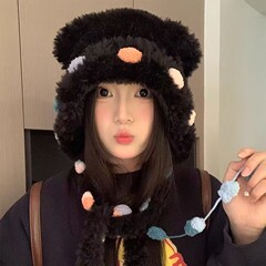 可爱拼色加厚毛绒小熊耳朵毛线帽子女秋冬季保暖护耳显脸雷锋帽子