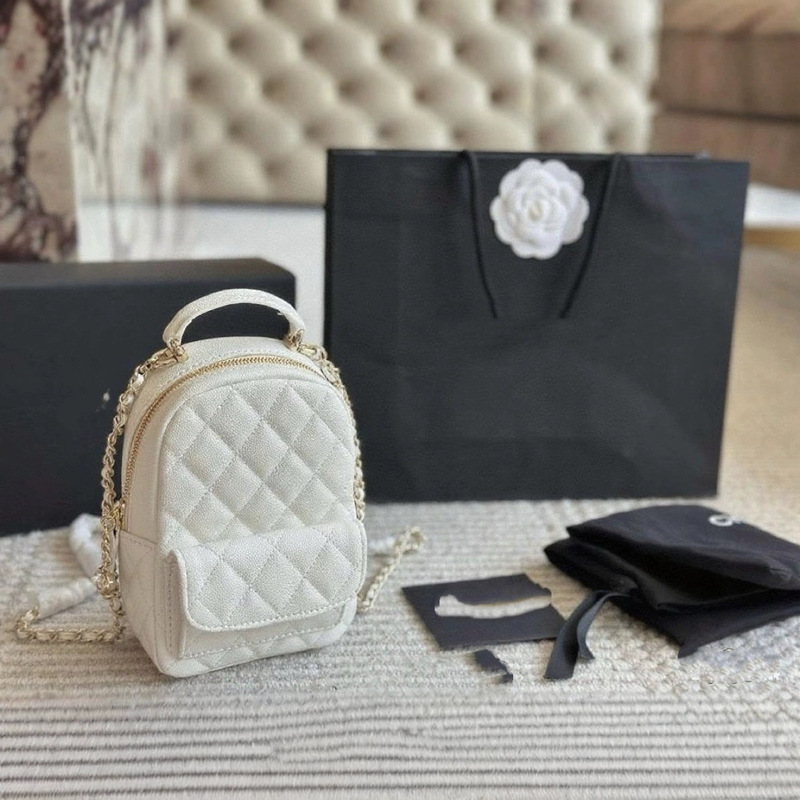 24C Lychee Cowhide Black Gold Backpack Lingge Chain Handbag Small Xigfeng Ball Pattern Backpack