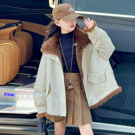 女童秋冬外套2025新款大童冬季加厚皮衣派克服儿童保暖加绒毛毛衣