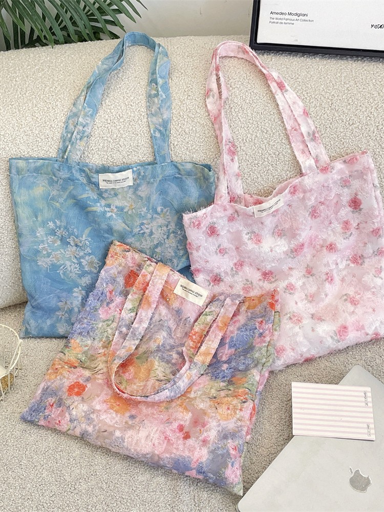 65224 Monet style blue floral tote bag with texture Korean girl’s large capacity shoulder bag for commuting to class