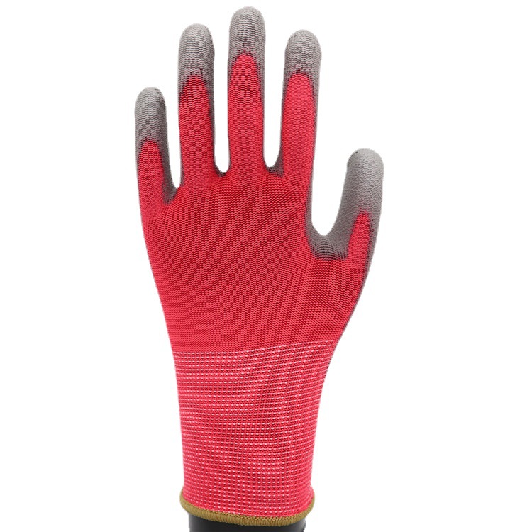 13针涤纶尼龙掌浸粉色PU女士花园手套女士劳保浸胶手套