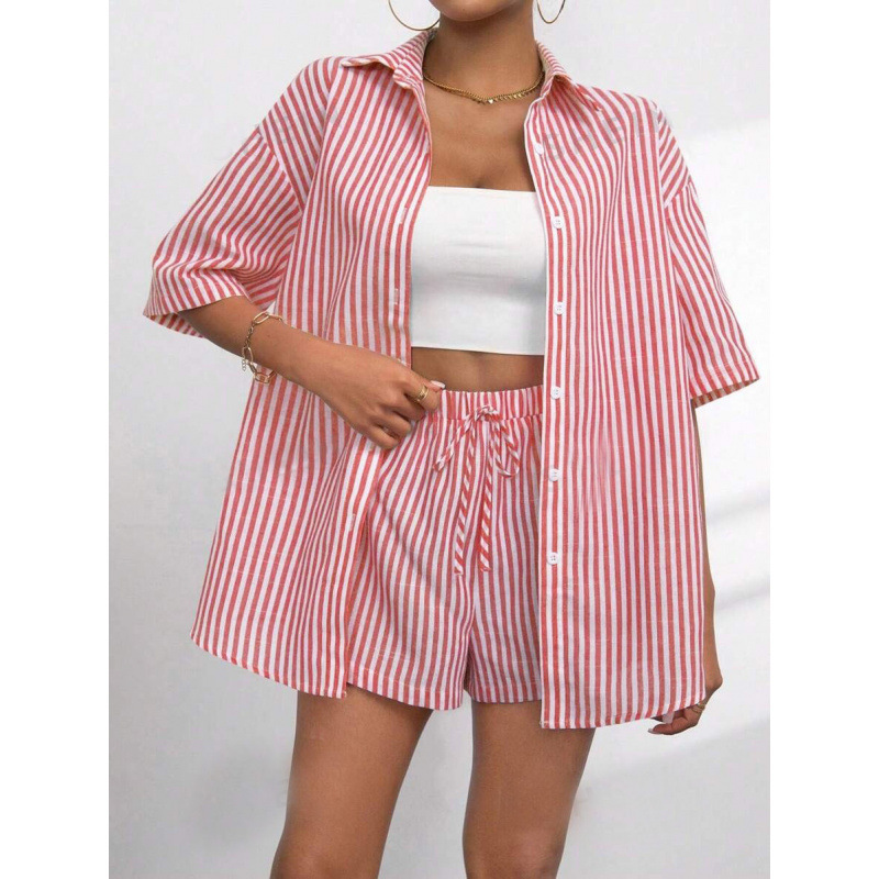 Cross-Border European and American Fashion Set for Women 2025 Summer Casual Striped Short-Sleeve Pants Two-Piece Set for Women Cross-Border European and American Fashion Set for Women 2025 Summer Casual Striped Short-Sleeve Pants Two-Piece Set for Women