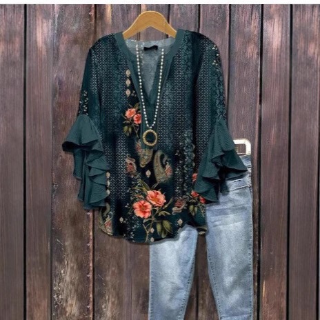 Cross-Border Printed Women's Top with V-Neck, Lotus Digital Print, Trendy T-Shirt, Floral Casual Independent Creative