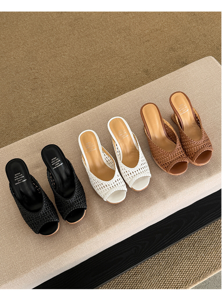 Sandal cao gót nữ đế xuồng mũi hở quai ngang bện đan — màu nâu, màu đen, màu trắng ngà chi tiết 18