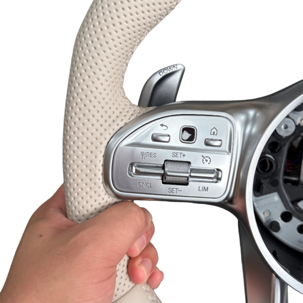Suitable for Mercedes-Benz AMG beige and black left and right steering wheel with buttons, silver paddle shifters, and modified steering wheel base