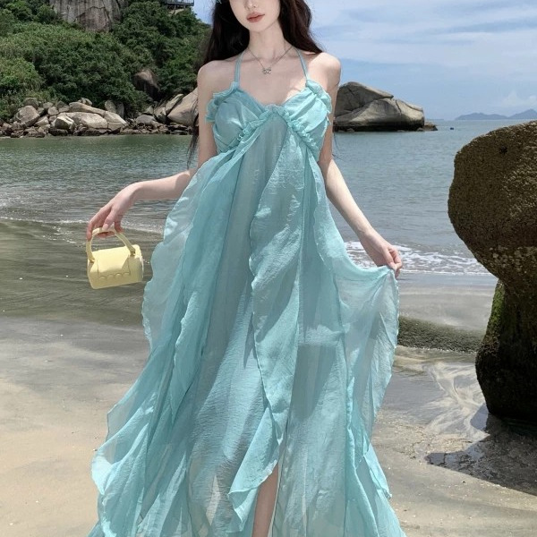 Blue and Green Gold-Stamped Holiday-Style Spaghetti Strap Dress, Exquisite Fairy Beach Long Dress, Perfect for Photoshoots at the Seaside