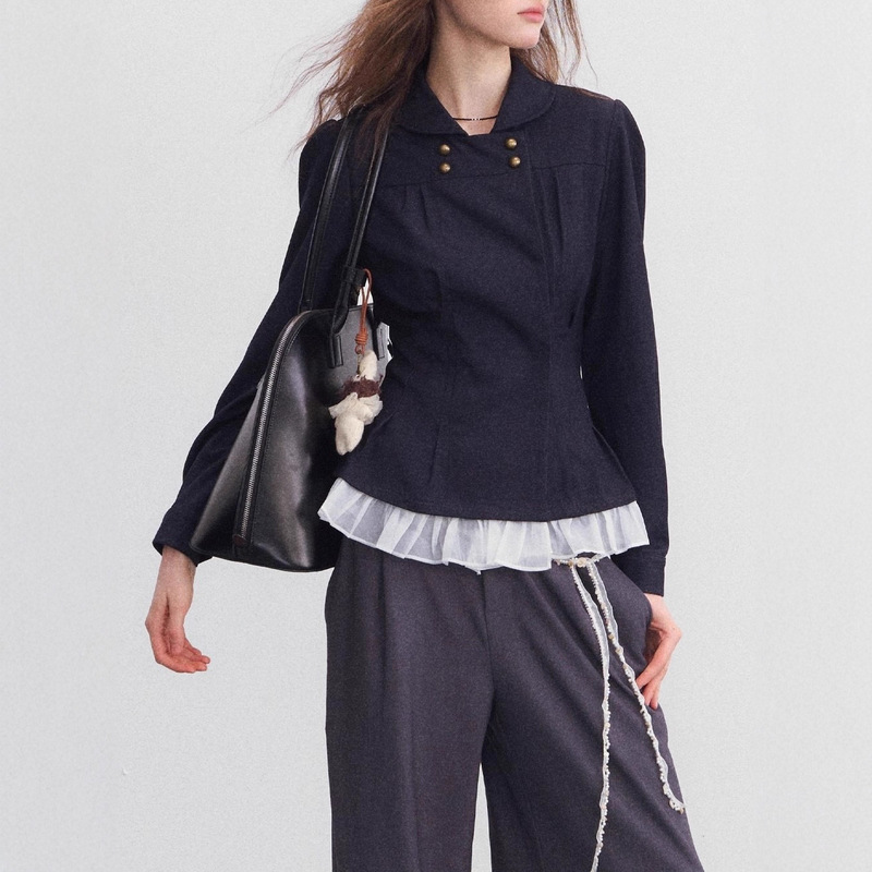 Spear Youth "Irreplaceable" Double-Breasted Denim Pleated Waist Shirt Commuter Top Jacket