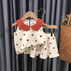 女童棉麻套裝夏季2023新款小童娃娃領夏裝兒童女寶寶公主兩件套