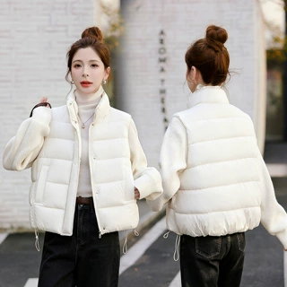 韩系针织拼接轻薄棉服女2026冬季新短款款加厚保暖棉衣棉袄外套