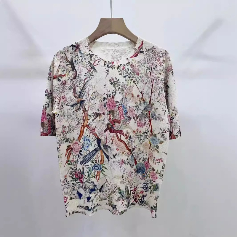 14-Pin Digital Print Short-Sleeve Series Can Be Made into Long-Sleeve Wool-Linen Round-Neck V-Neck Pieces, Starting from 30 Pieces, for Spring Color Blocking