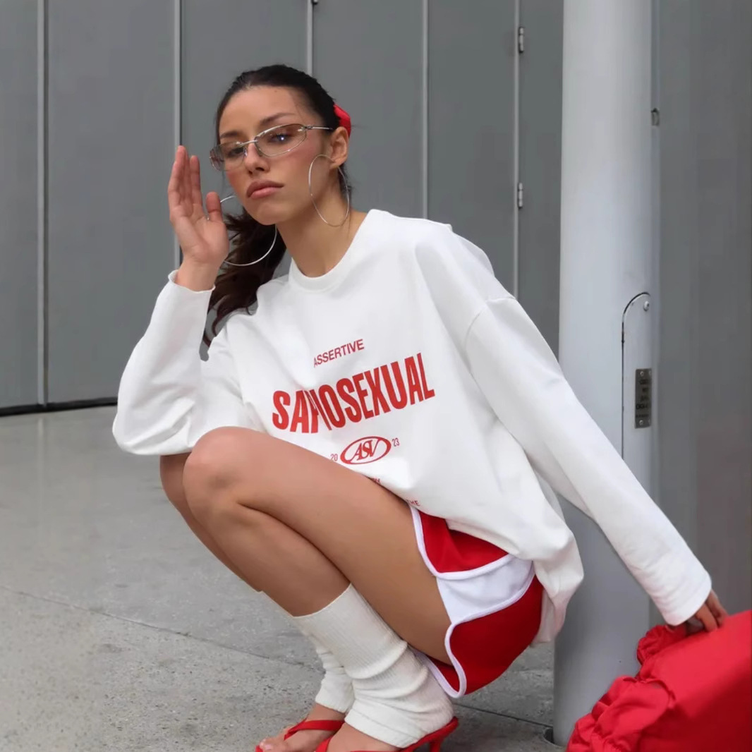 Spring and Autum European and American Style Casual Elegant Trendyy Letter Print Loose and Versatile Slimming Look Pure Cotton Long-Sleeved T-Shirt