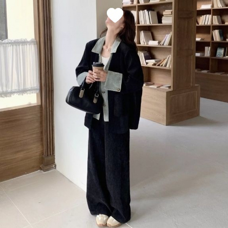 韩版感牛仔拼接西装外套阔腿裤两件套女春秋季新款西装套装|undefined
