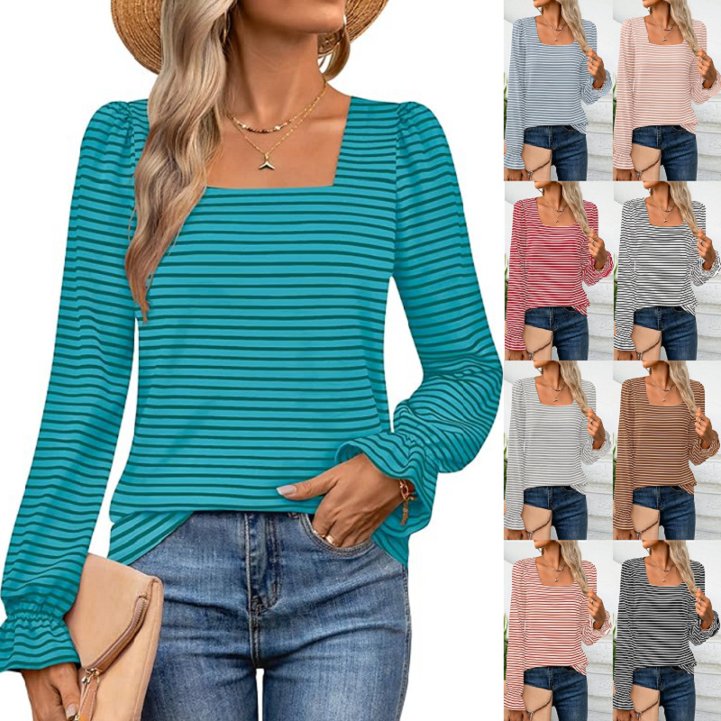 2024欧美跨境女装 亚马逊独立站秋冬新款方领条纹荷叶边长袖T恤女