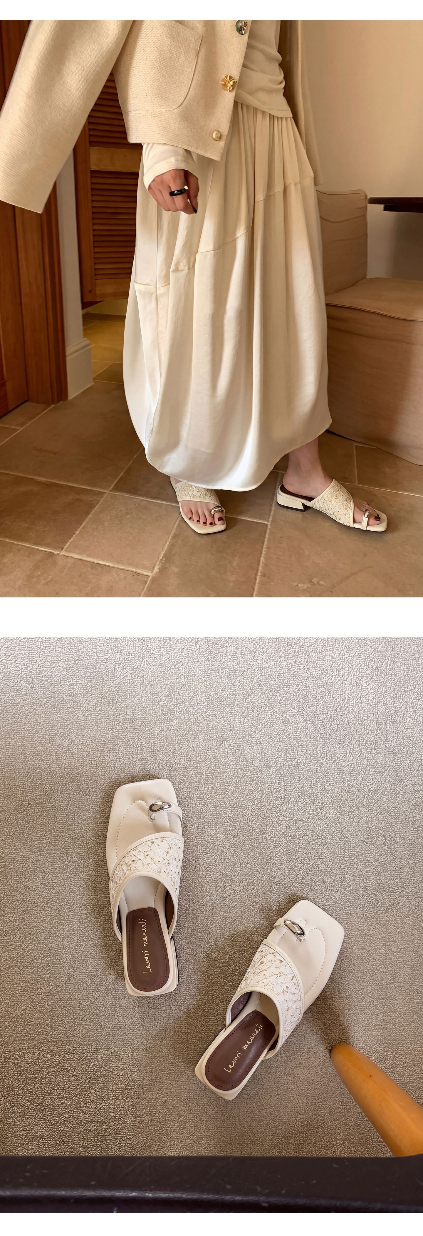 Dép sandal xỏ ngón nữ đế bệt phong cách Pháp mũi vuông, chất liệu giả da cá sấu, quai đan dệt — màu thiên thanh, màu hồng, màu trắng ngà chi tiết 10