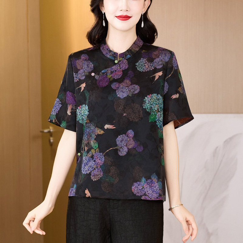 Xiangyunsha New Chinese Style National Style Shirt for Women 2026 New Summer Stand Collar Short Sleeve Jacquard Printed Mulberry Silk Top
